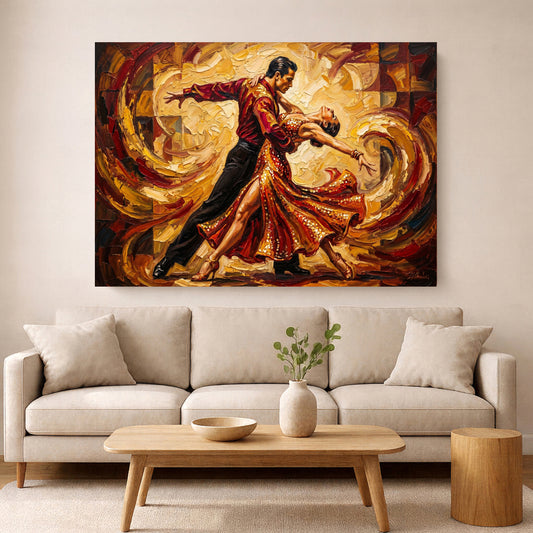 Expressive red and gold dance painting of two performers hanging above a beige sofa in a modern living room.