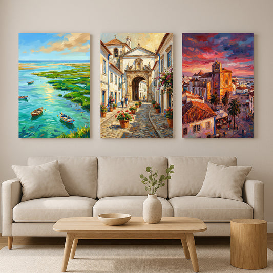 Three colorful paintings of landscapes hanging above a beige sofa in a living room.