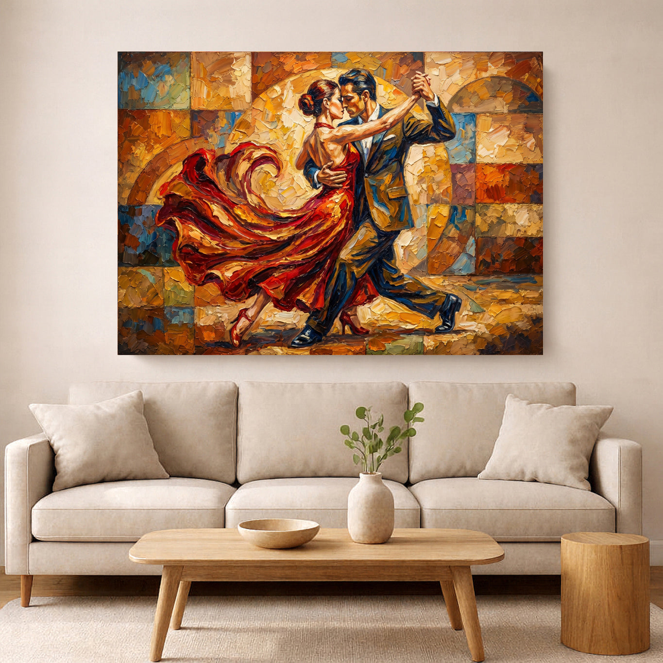 Fiery Dance Embrace – Expressive Red Dress Movement Painting | Modern Performance Art