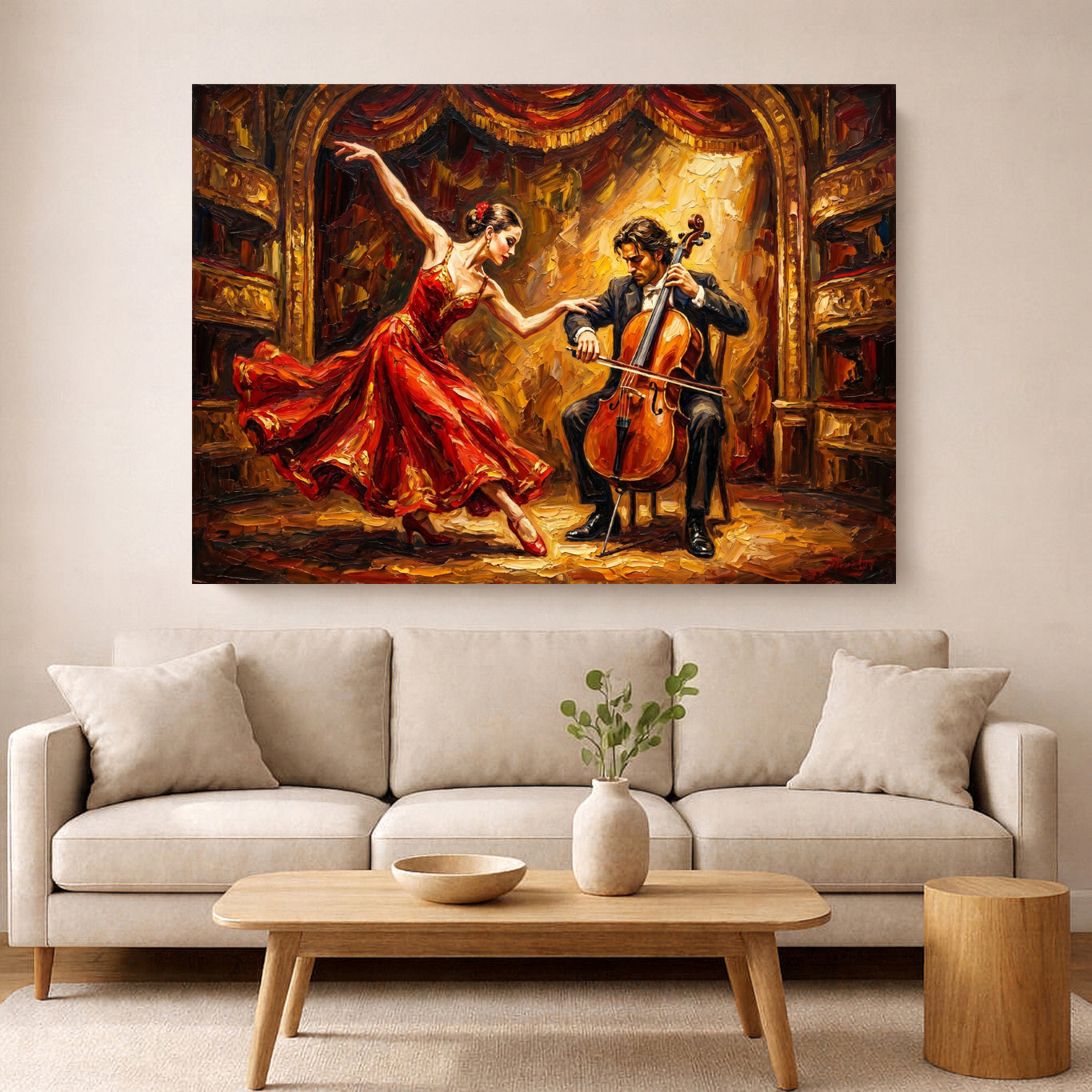 Flamenco dancer in a red dress performing beside a cellist in a warm, dramatic painting above a beige sofa.
