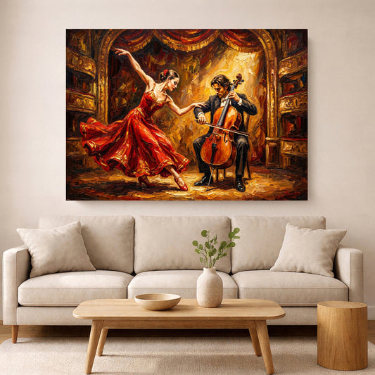 Flamenco dancer in a red dress performing beside a cellist in a warm, dramatic painting above a beige sofa.