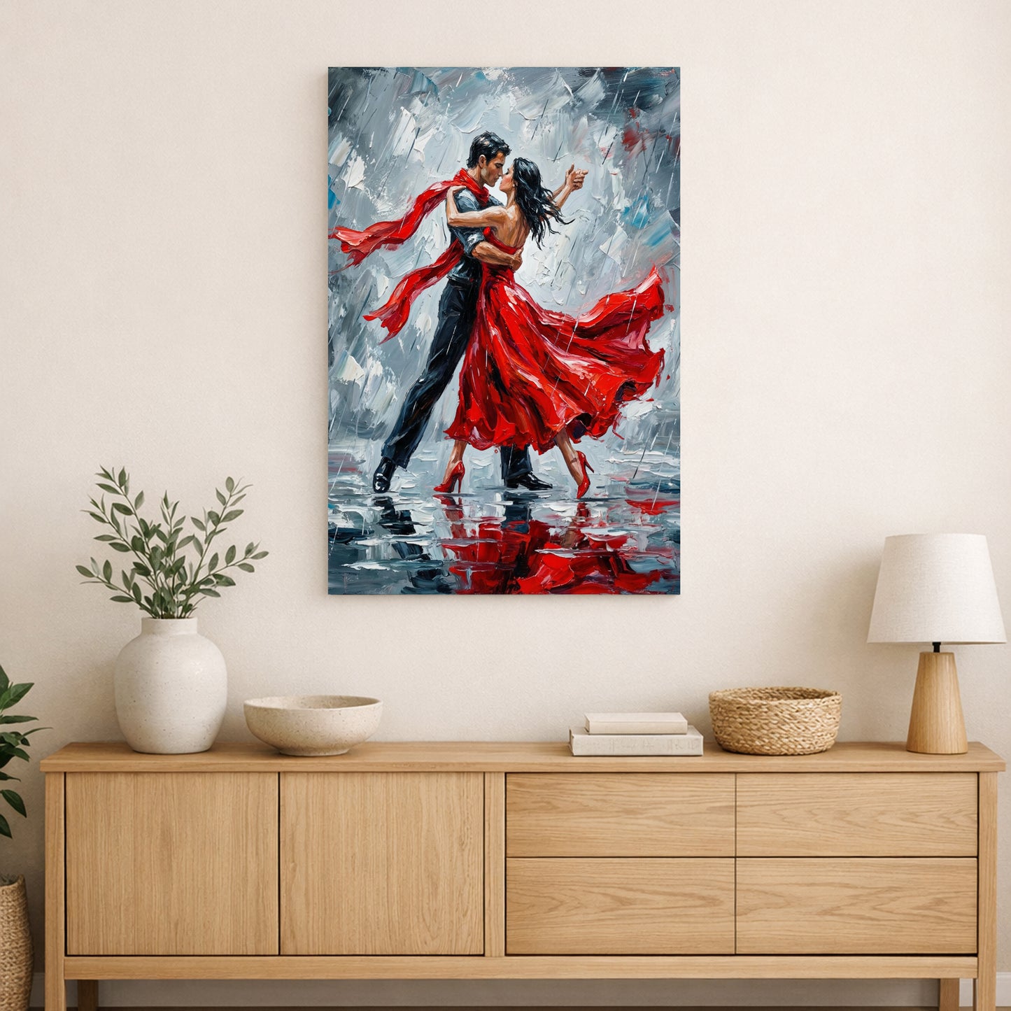 Tango couple dancing in a red dress, expressive movement painting on a modern interior wall