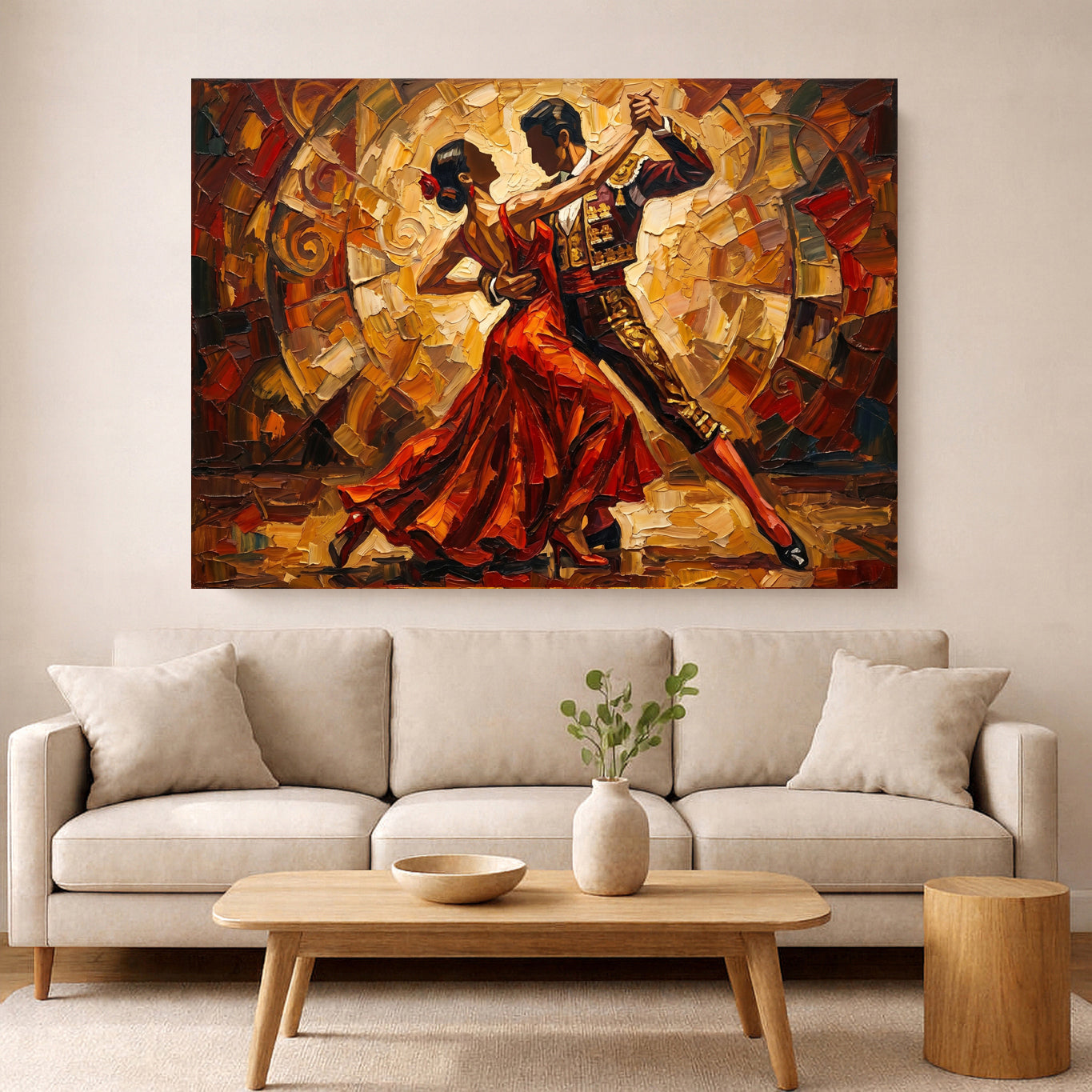 Flamenco dancers painting in warm red and gold tones hanging above a beige sofa in a modern living room.
