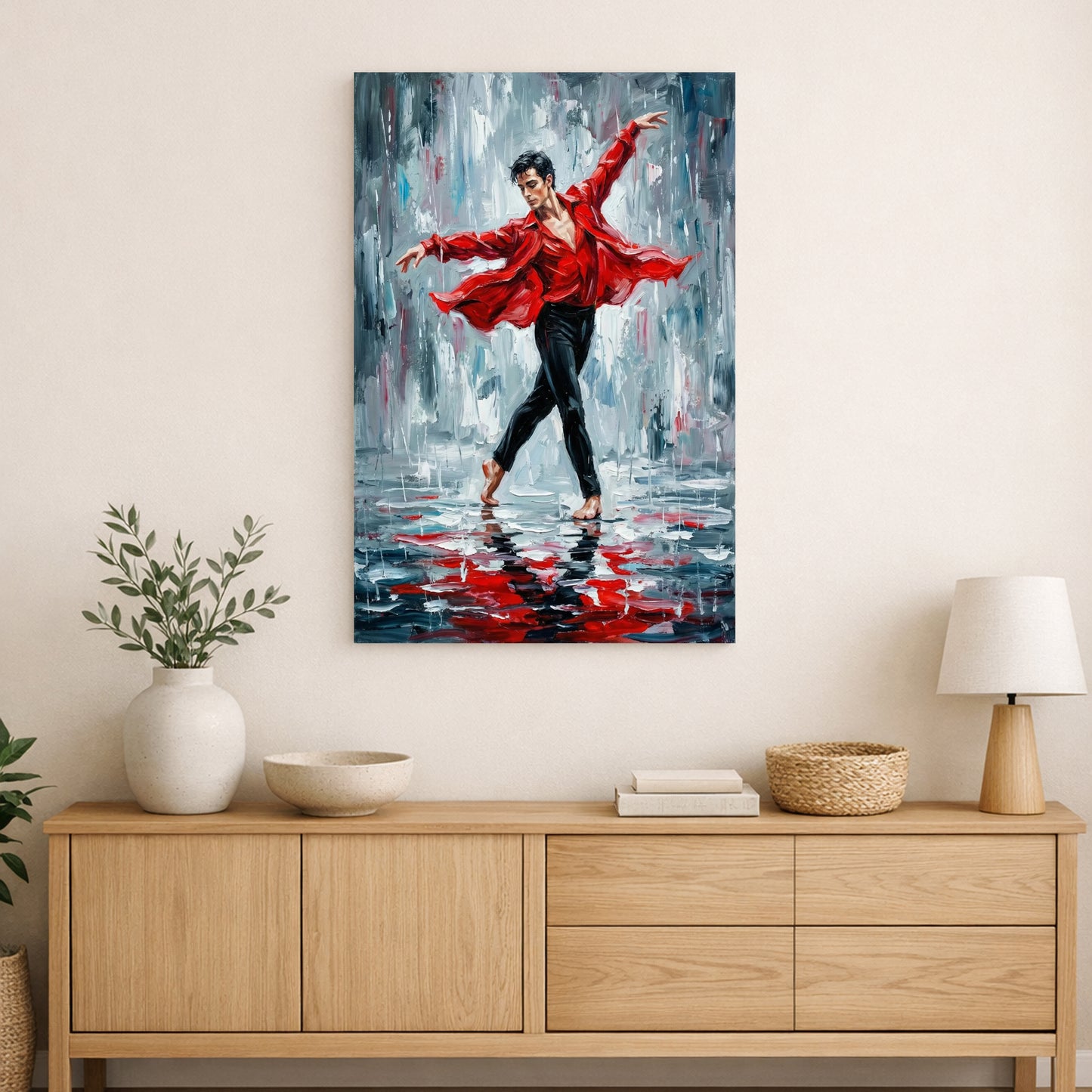 Expressive Dance Triptych – Red Dress Movement Framed Wall Art Set | Modern Performance Painting