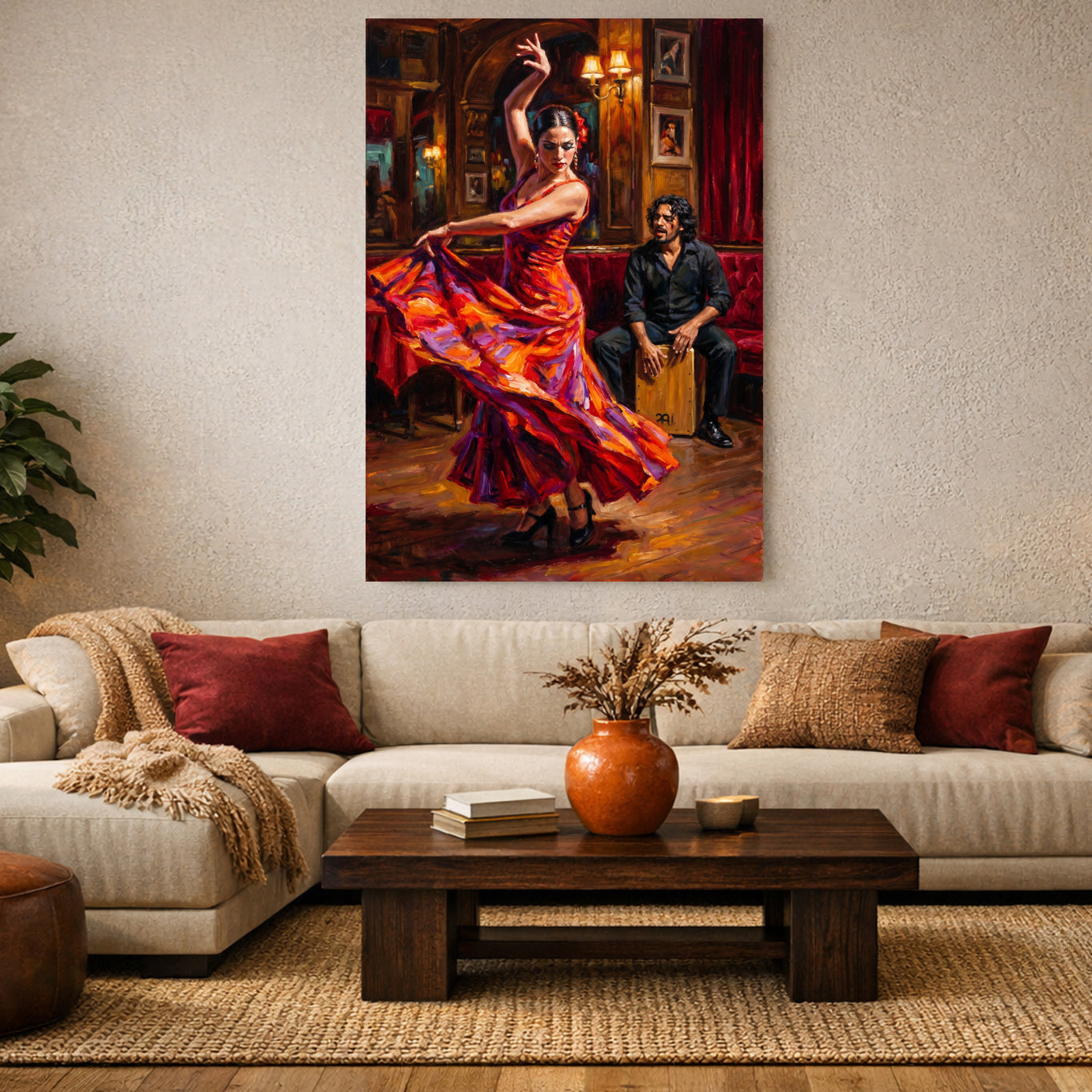 Flamenco dancer in a flowing red‑orange dress performing beside a cajón musician, framed canvas displayed above a beige sofa in a warm modern living room.