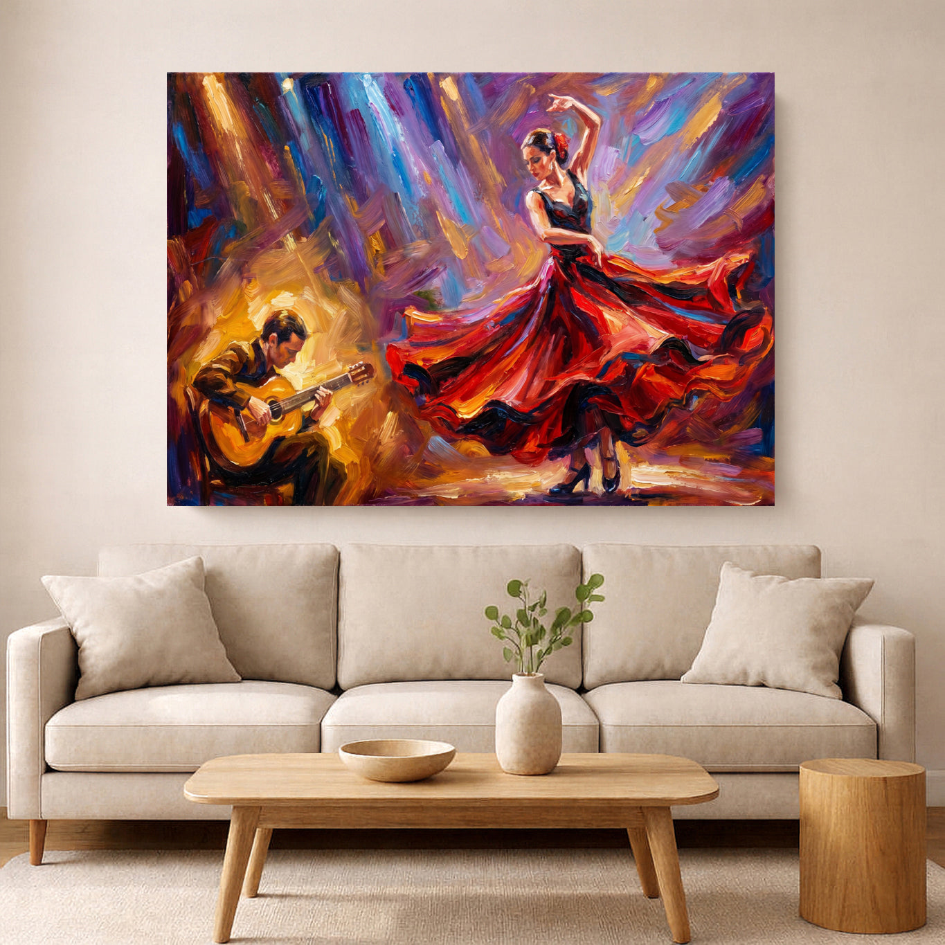 Colourful flamenco canvas of a dancer in a red dress performing beside a guitarist, displayed above a beige sofa in a modern living room.