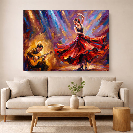 Colourful flamenco canvas of a dancer in a red dress performing beside a guitarist, displayed above a beige sofa in a modern living room.