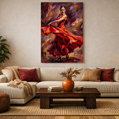 Modern living room with a large red‑dress flamenco dancer painting above a beige sofa, dark wood coffee table, terracotta vase, and warm jute rug - Portugal Canvas Co