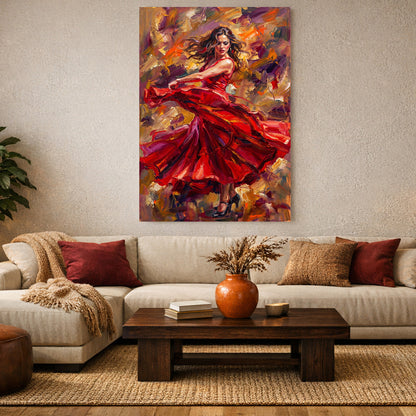 Flamenco dancer in a flowing red dress vibrant canvas wall art above a beige sofa in a warm modern living room - Portugal Canvas Co