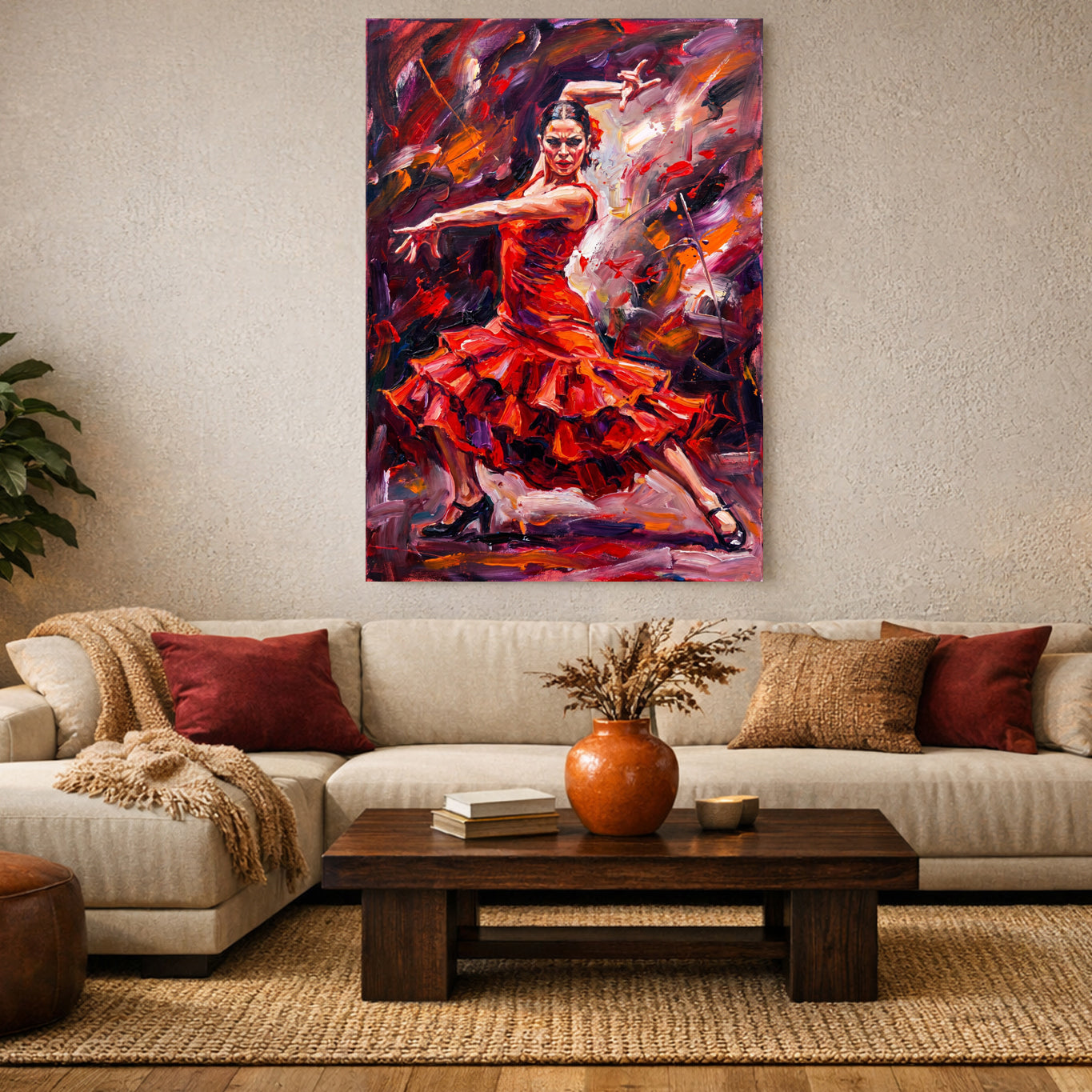 Flamenco dancer in a flowing red dress captured mid‑motion, framed canvas wall art above beige sofa in warm modern living room.