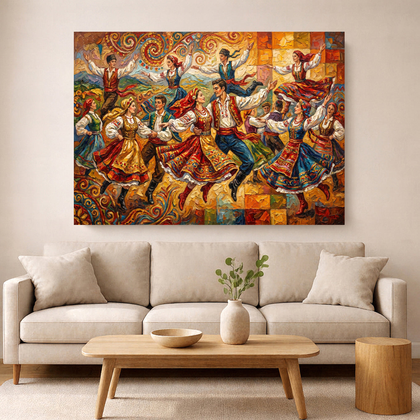 Colorful folk dancers in traditional costumes painted in warm festive tones above a beige sofa in a modern living room.