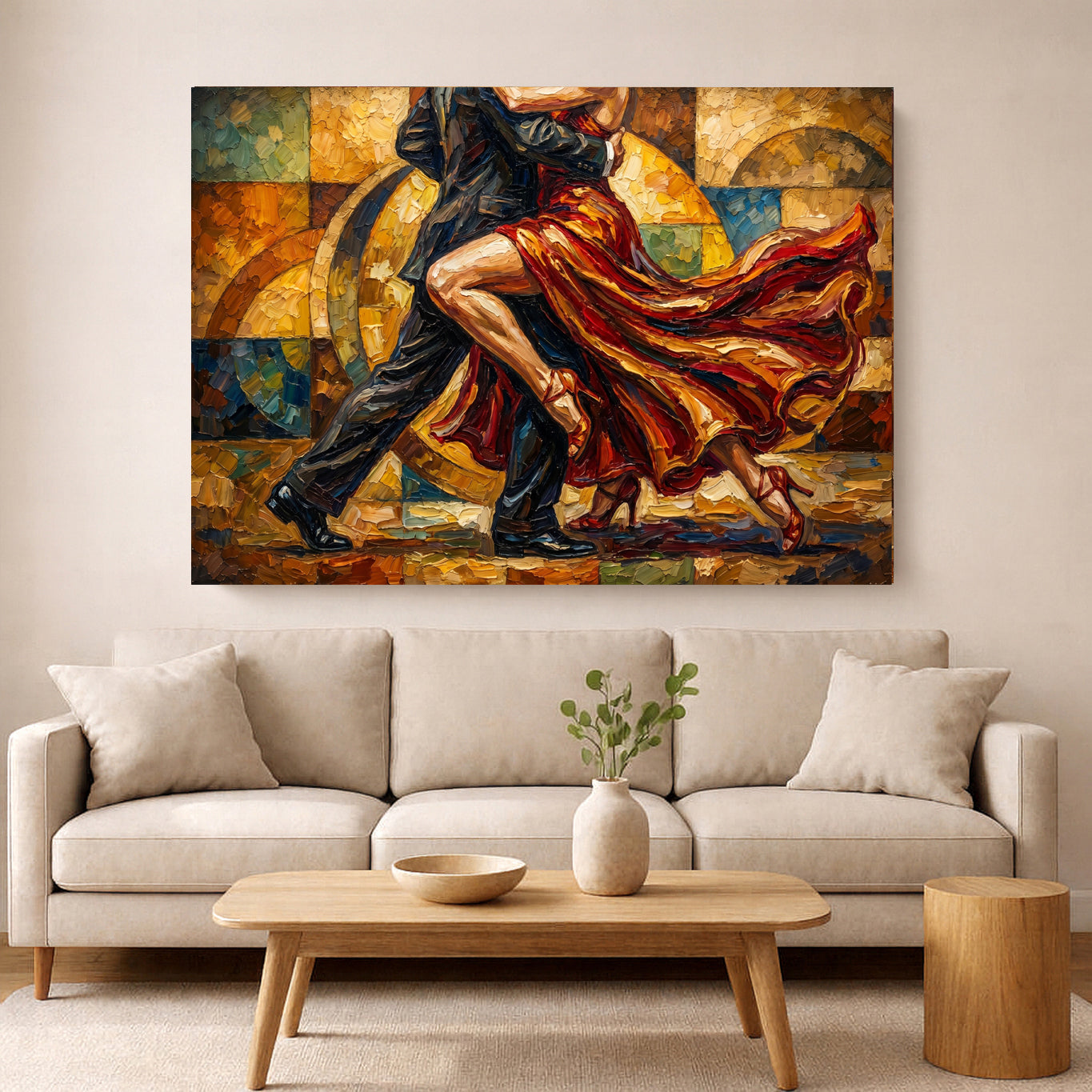 Geometric Red Dress Tango – Expressive Dance Wall Art Warm Textured Movement Print