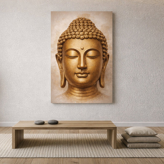 Golden Buddha face wall art with closed eyes hanging above a minimalist bench in a calm, neutral-toned room with soft warm lighting.