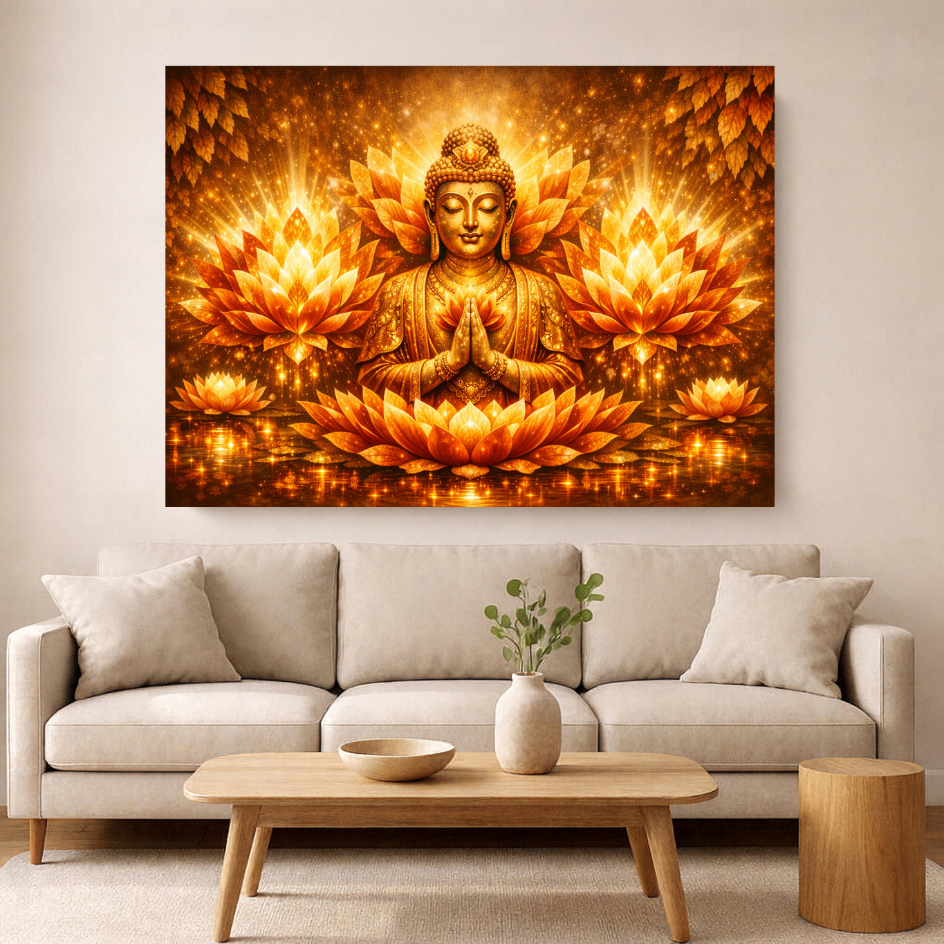 Golden Buddha meditation artwork with glowing lotus petals hanging above a beige sofa in a warm, minimalist living room.