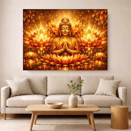 Golden Buddha meditation artwork with glowing lotus petals hanging above a beige sofa in a warm, minimalist living room.