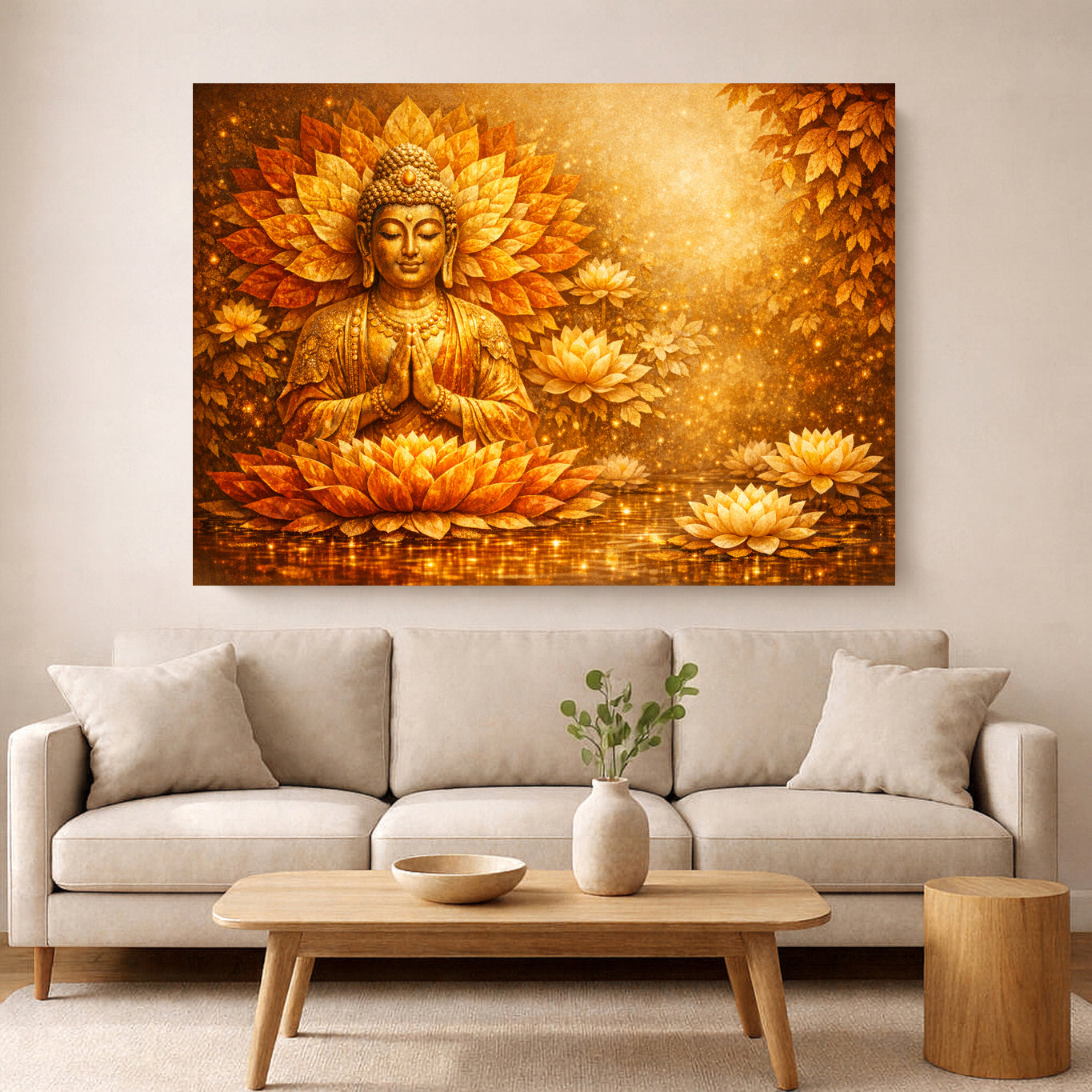 Golden Buddha meditation artwork with glowing lotus flowers hanging above a beige sofa in a warm, minimalist living room.