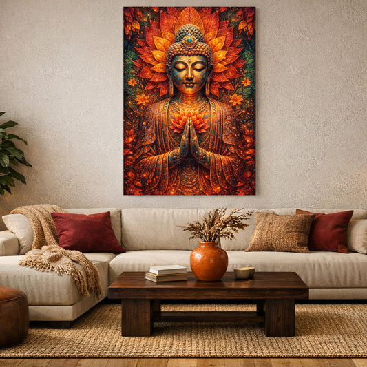 Golden Buddha meditation wall art with radiant lotus petals in amber and terracotta tones, hanging above a beige sofa in a warm, serene living room.