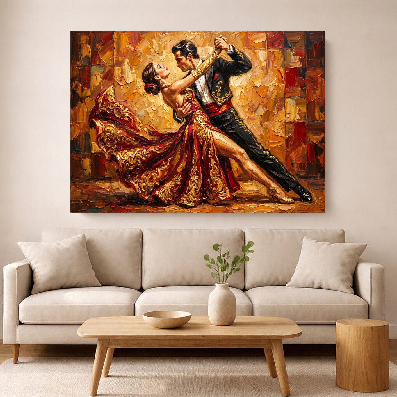 Tango couple dancing in a red and gold dress, expressive movement painting on a modern living room wall