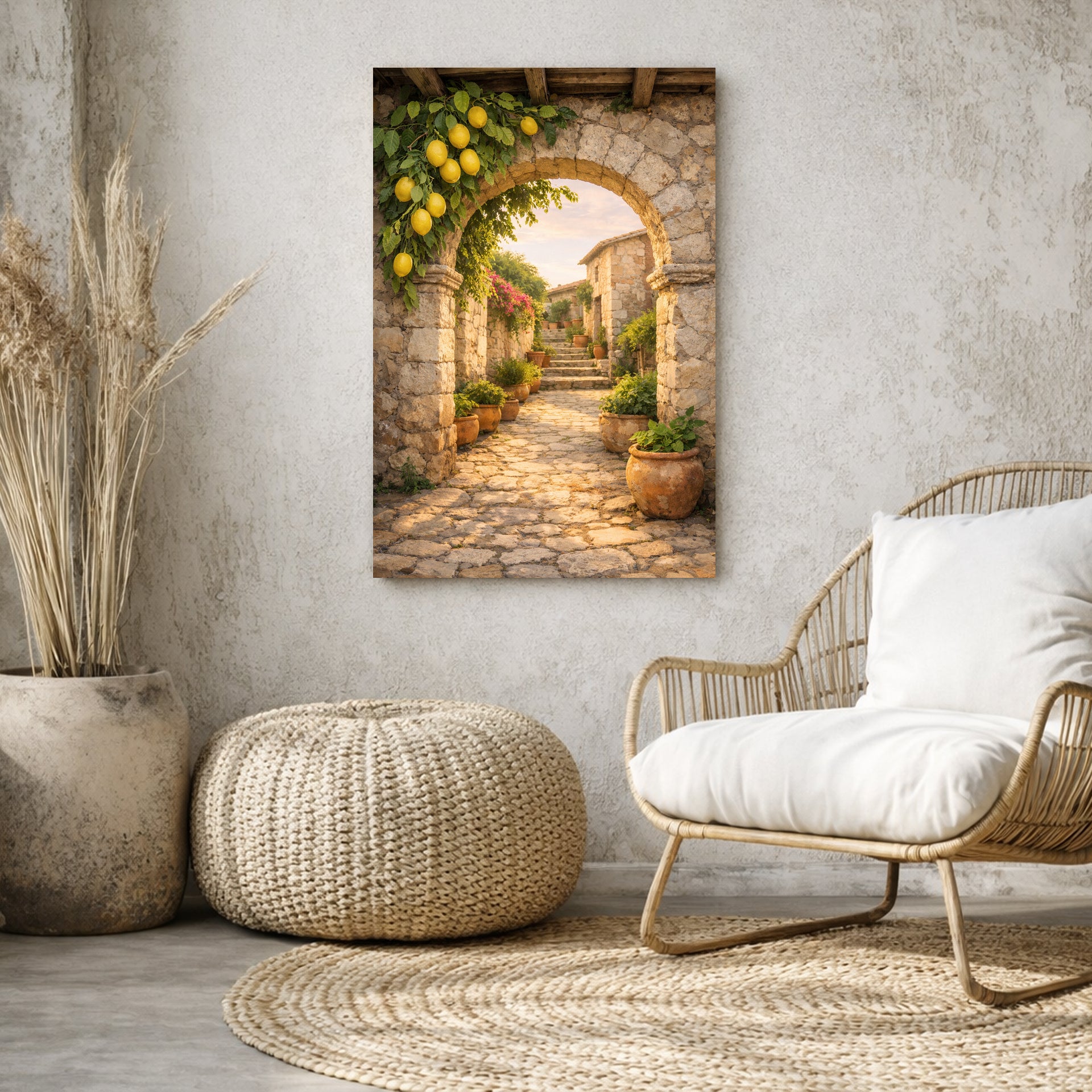Living room with a chair, ottoman, and decorative wall art of a stone archway.