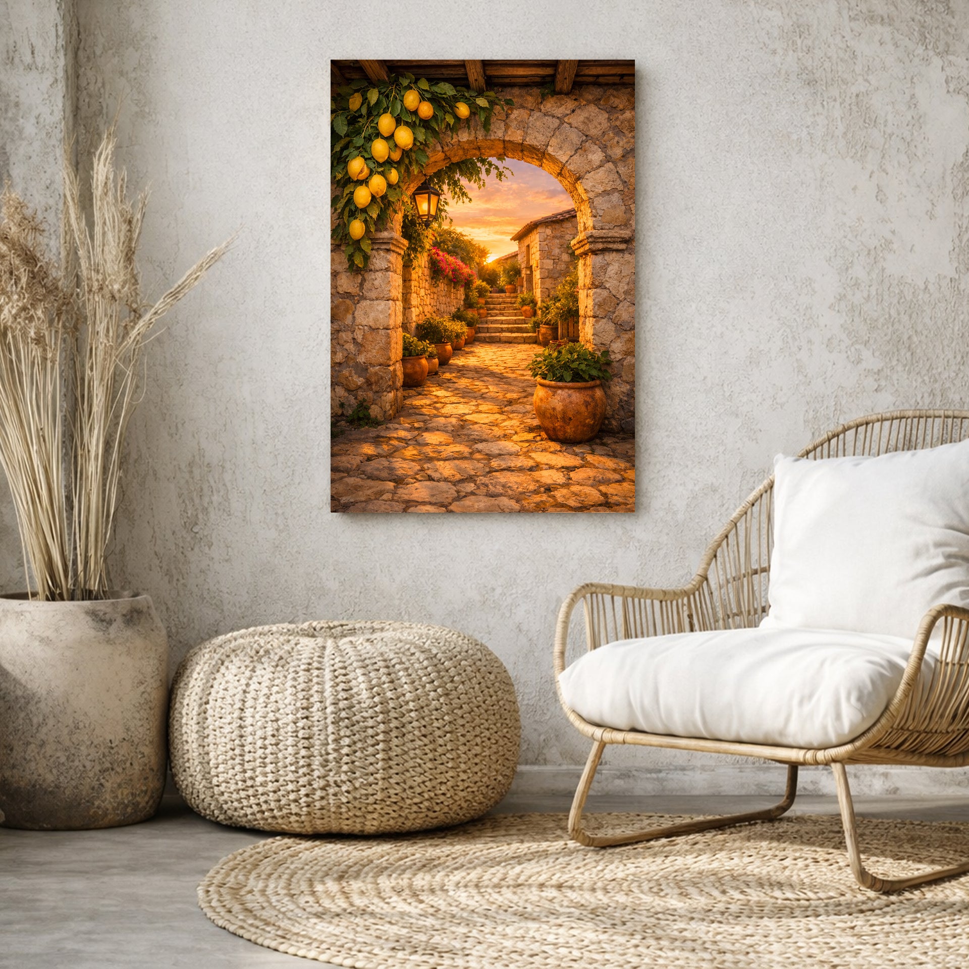 Decorative chair with a pillow, woven ottoman, and decorative plant in a room with a wall art of a stone archway.