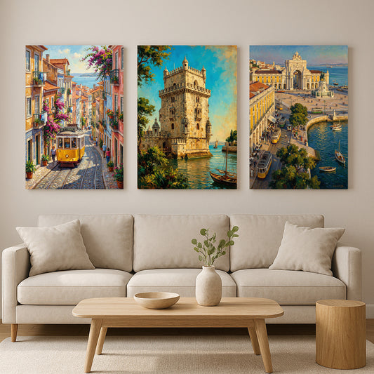 Lisbon Canvas Print Set – Portugal Cityscape Wall Art, Framed Triptych