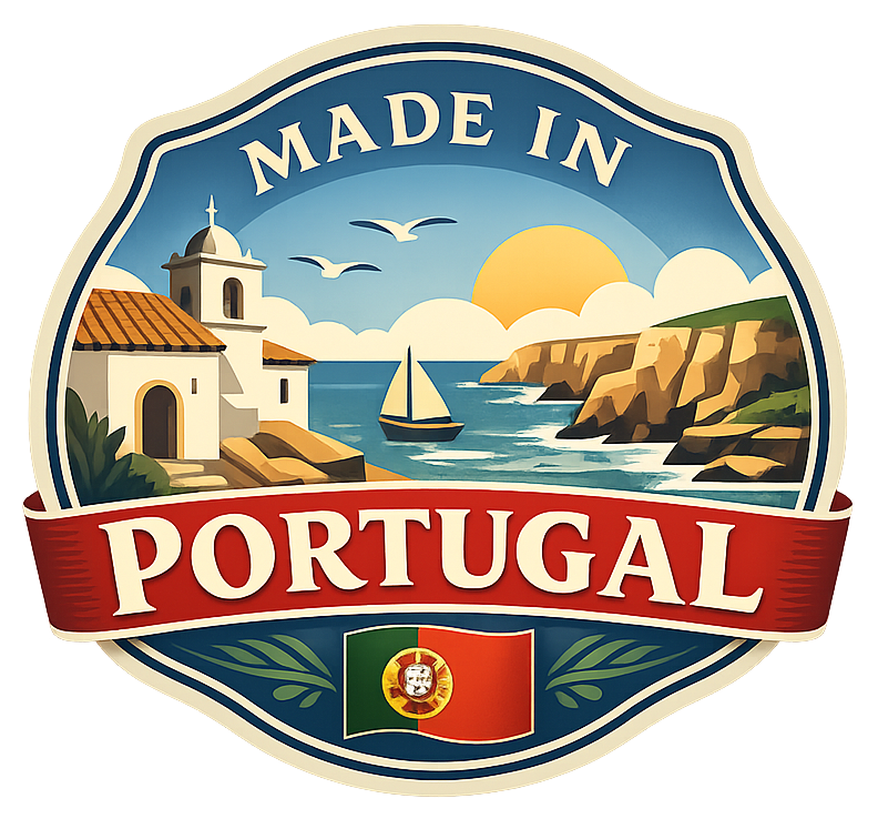A decorative shield-shaped graphic reading “MADE IN PORTUGAL,” with an illustrated coastal scene, sailboat, church, cliffs, sun, and the Portuguese flag at the bottom.