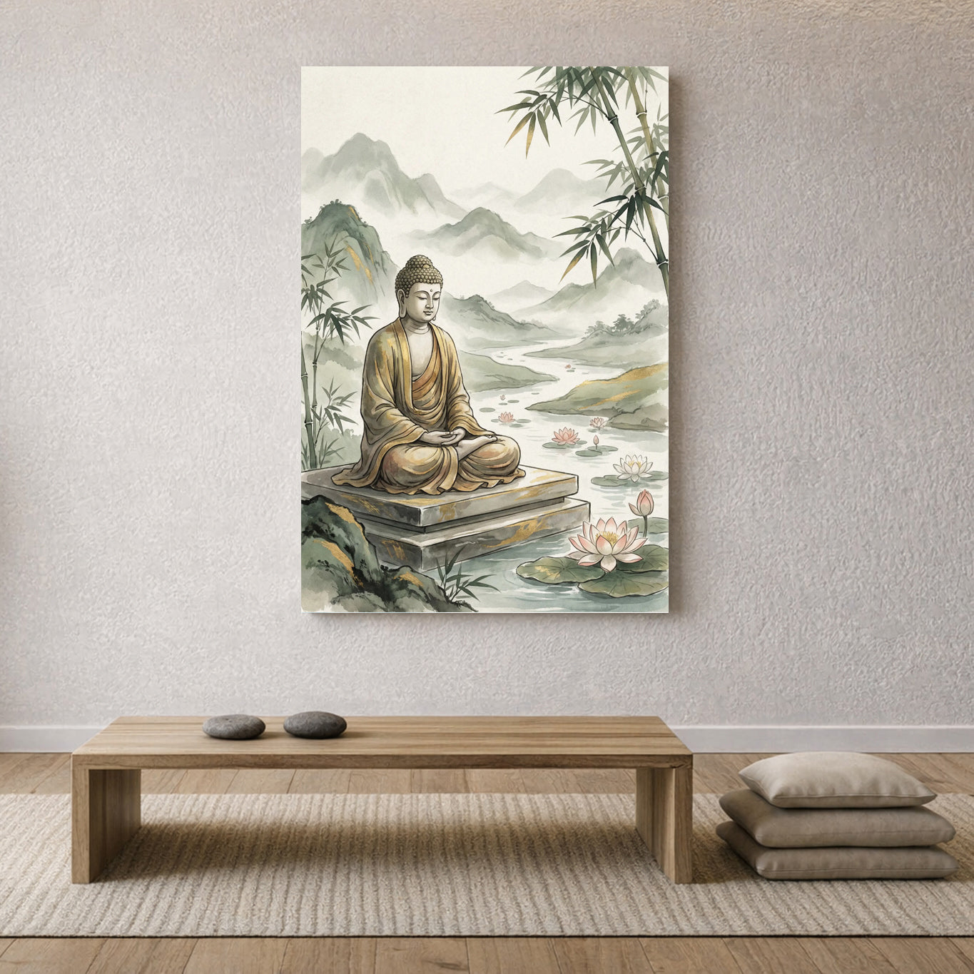 Watercolor painting of a meditating Buddha beside a calm river with lotus flowers, bamboo, and misty mountains.