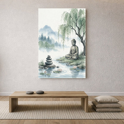 Zen wall art showing a meditating Buddha under a willow tree beside a calm pond with lotus flowers and balanced stones.