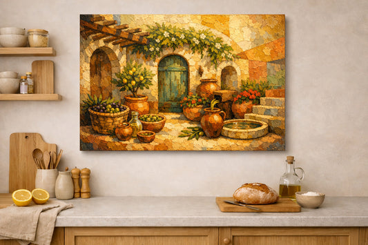 Mediterranean Courtyard Still Life Canvas | Rustic Terracotta Garden Wall Art.