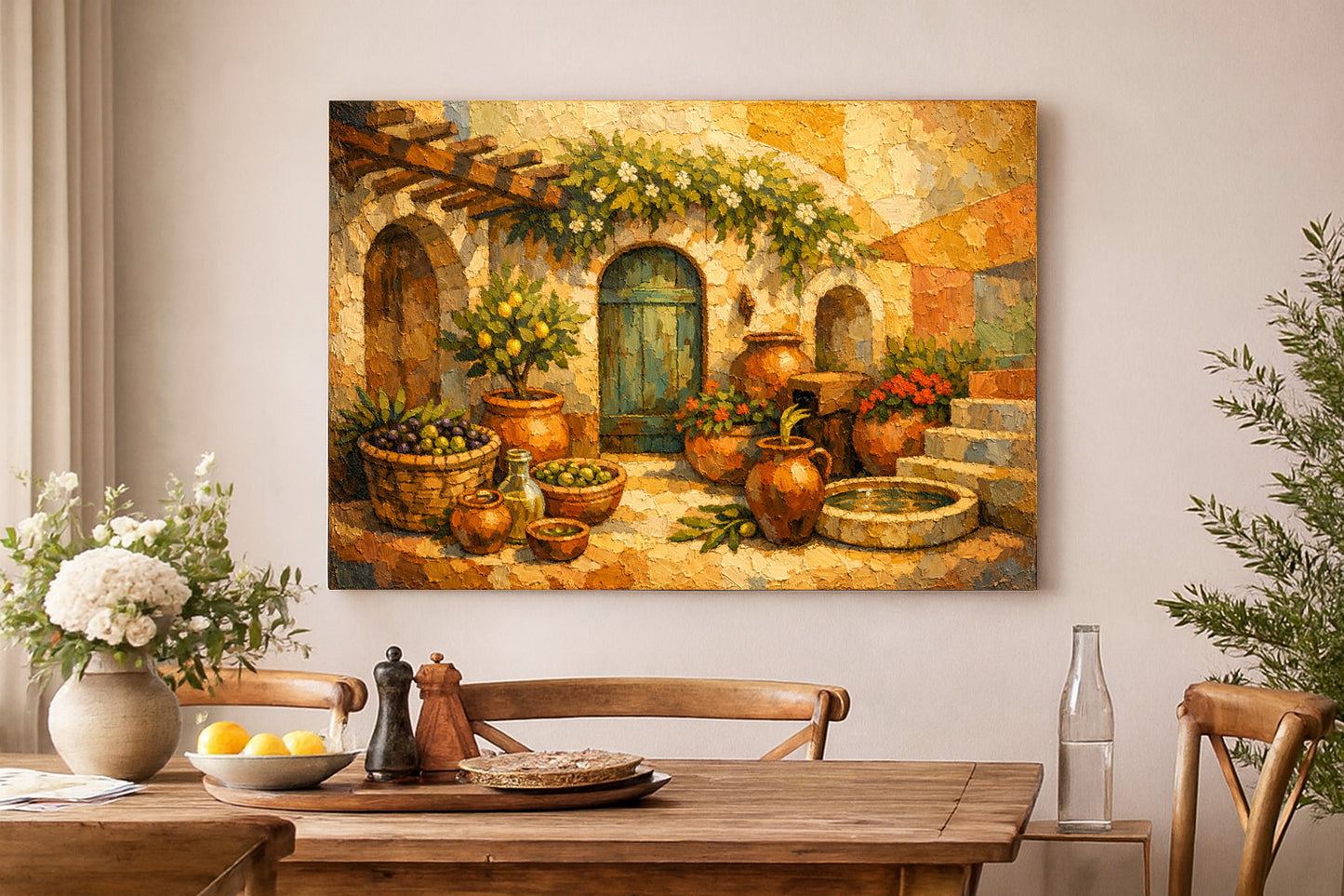 Lienzo de bodegón de patio mediterráneo | Arte rústico de pared para jardín de terracota.