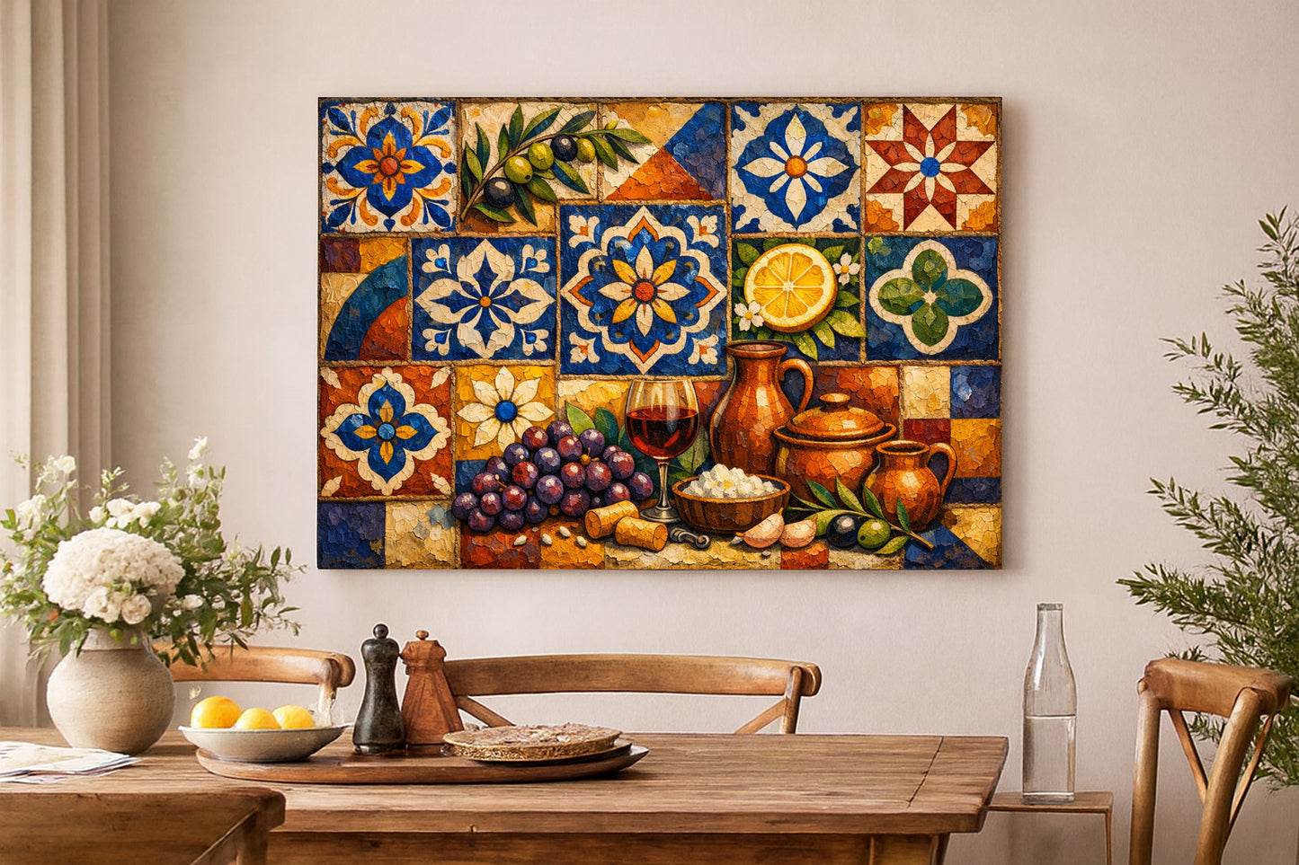 Lienzo Bodegón Mosaico Mediterráneo | Arte de Pared Rústico para Cocina Decoración de Vino.