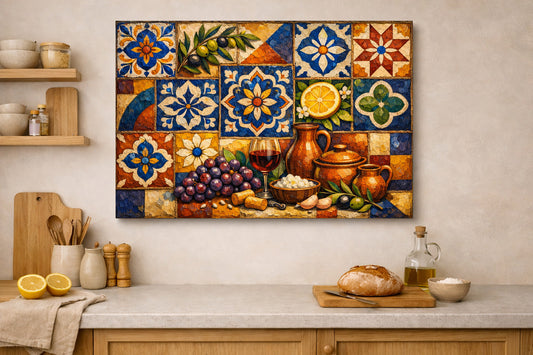 Mediterranean Mosaic Still Life Canvas | Rustic Kitchen Wall Art Wine Decor.