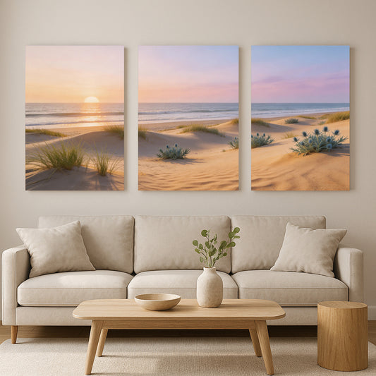 Beach Sunset Triptych Canvas | Coastal Dunes Wall Art