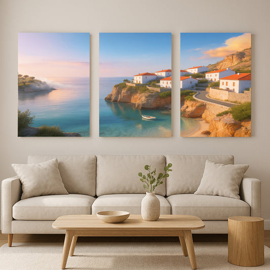 Mediterranean Coastal Village Triptych Canvas – Boat Harbor Wall Art, Serene Seaside Landscape Prints