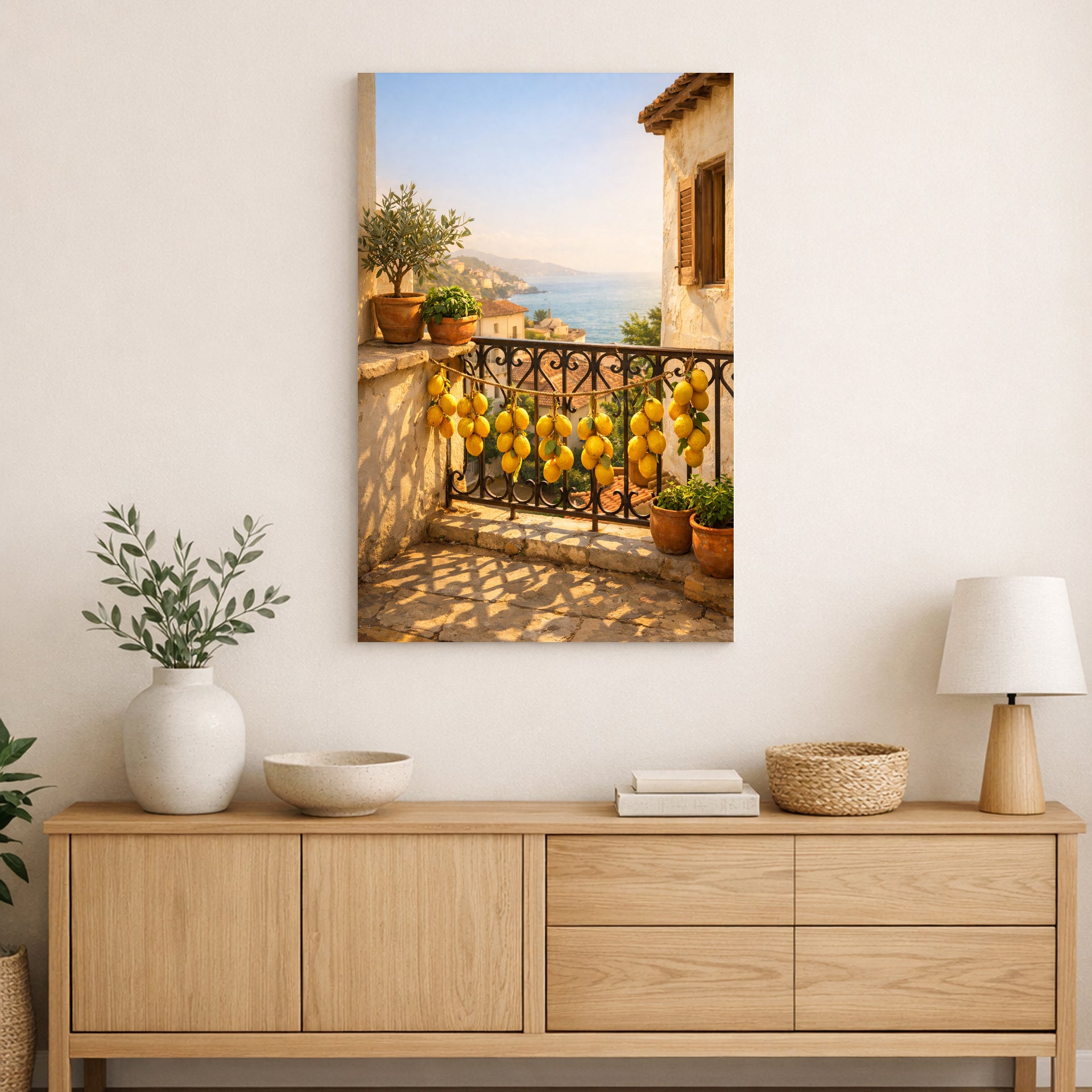 A vertical canvas wall art print depicting a Mediterranean coastal balcony overflowing with lemons, styled on a white wall above a light wood console table with a lamp, vase, and bowls.