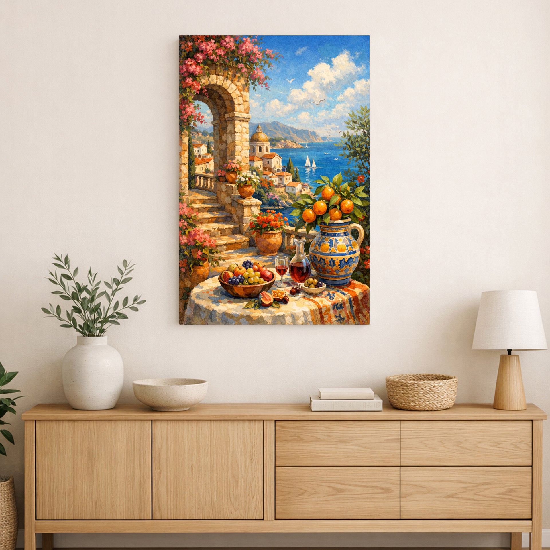 Mediterranean terrace dining scene with stone archway, flowers, sea view, and sunlit table on canvas.