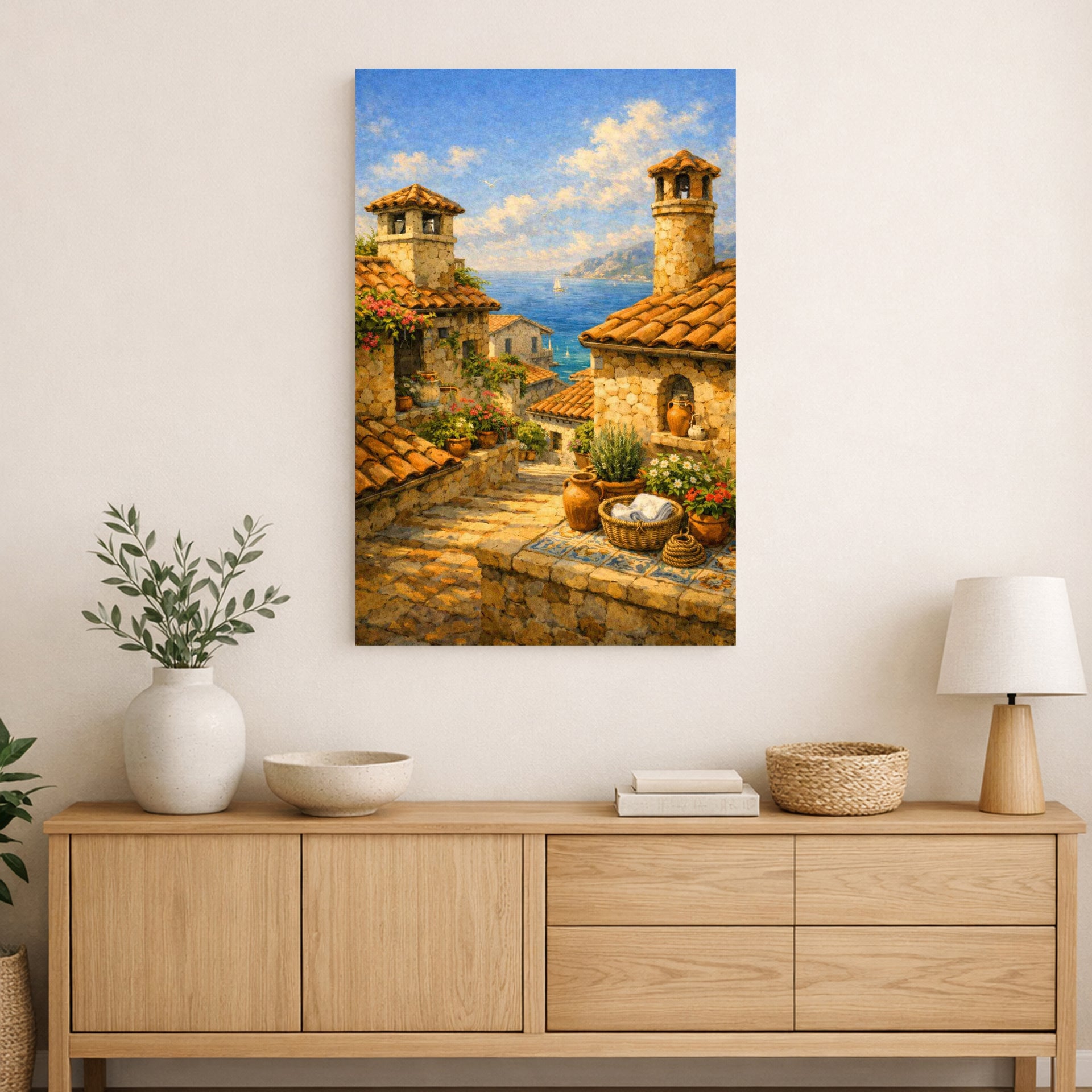 Mediterranean village with stone buildings, terracotta roofs, plants, and sea view on canvas.