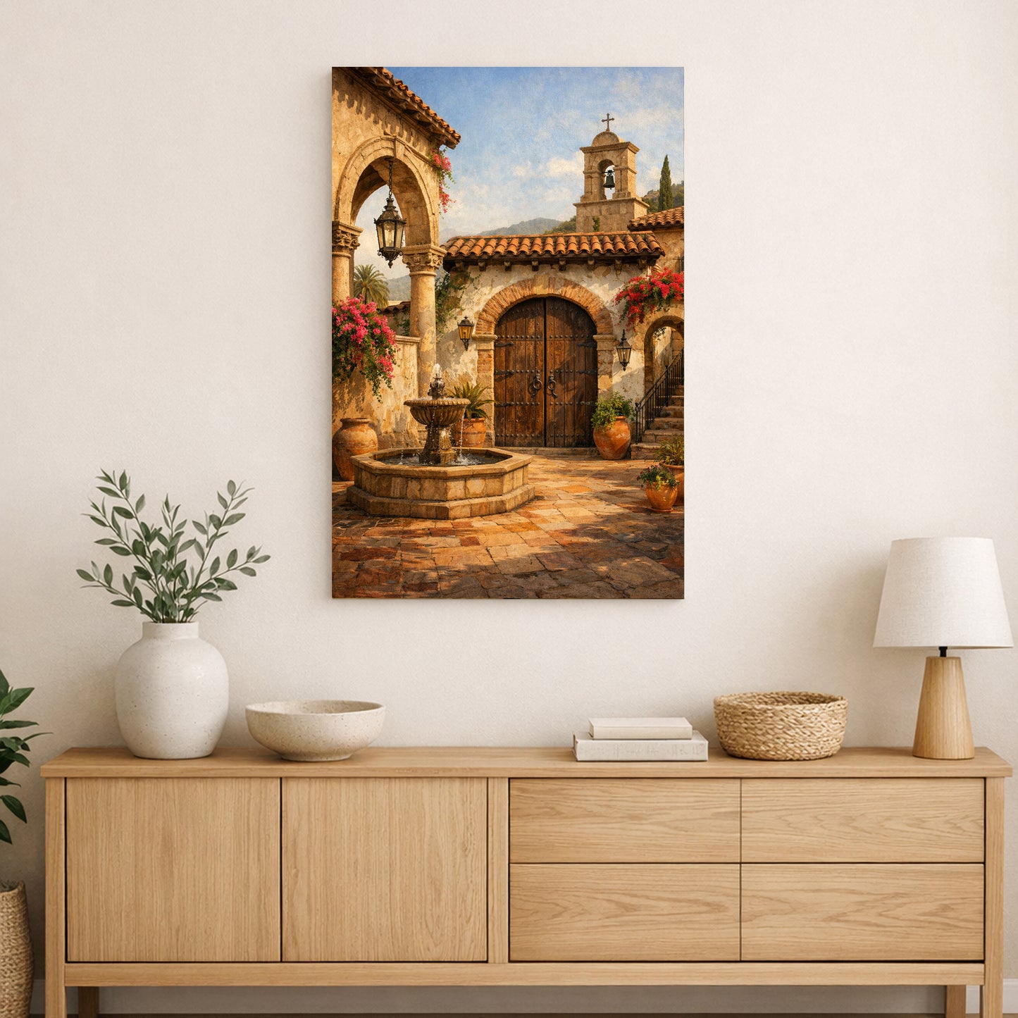 Mediterranean stone courtyard with arches, terracotta roofs, fountain, and plants on canvas.