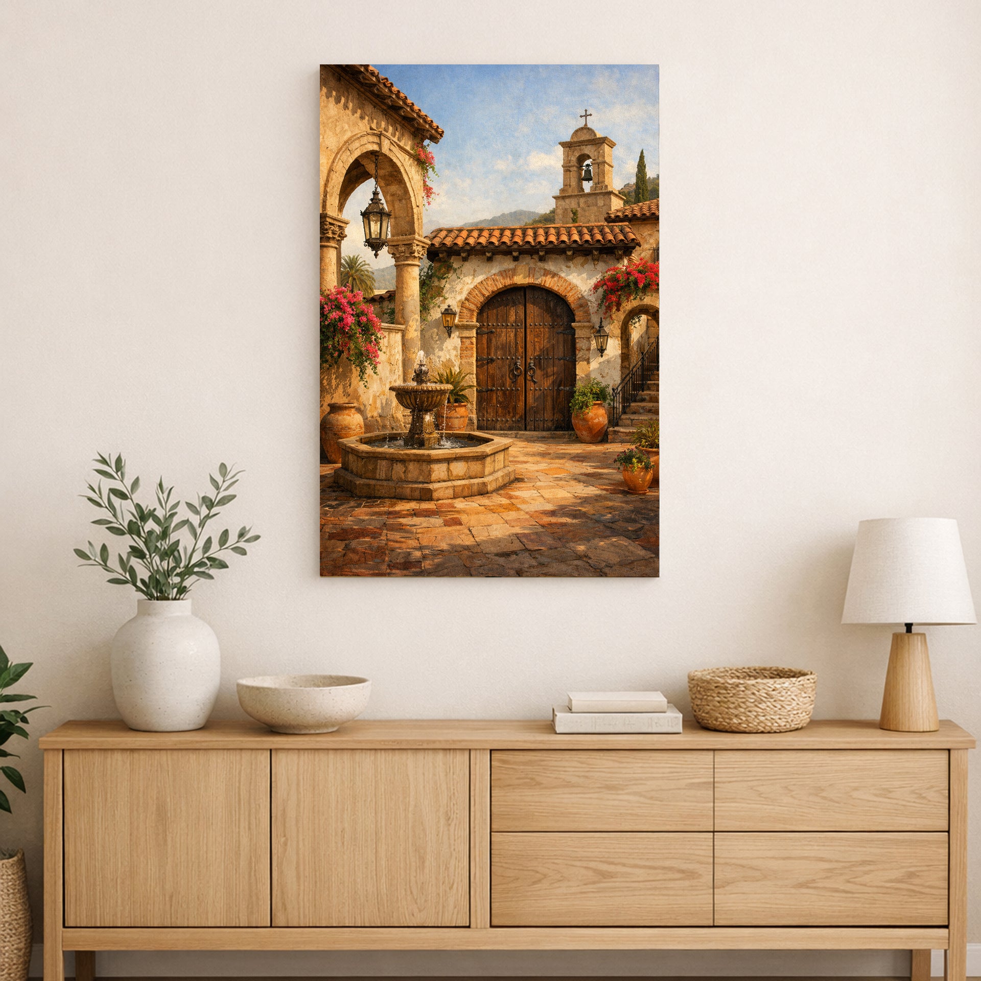 Mediterranean stone courtyard with arches, terracotta roofs, fountain, and plants on canvas.