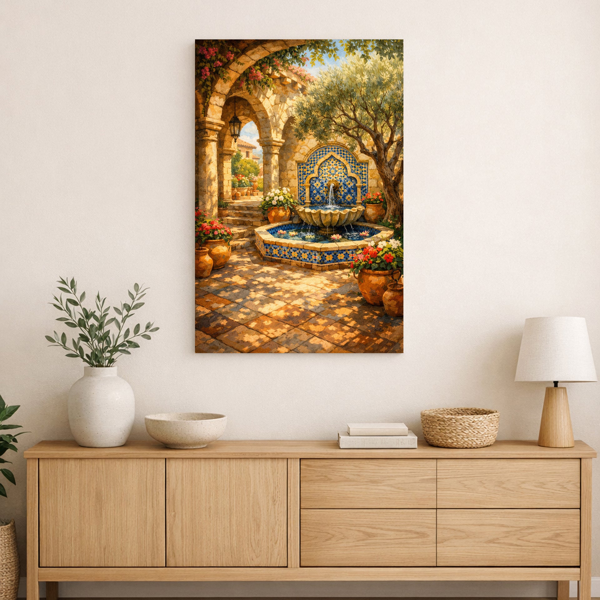 Mediterranean courtyard with tiled fountain, stone arches, patterned floor, and dappled light on canvas.