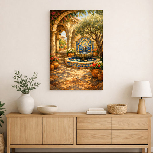 Mediterranean courtyard with tiled fountain, stone arches, patterned floor, and dappled light on canvas.
