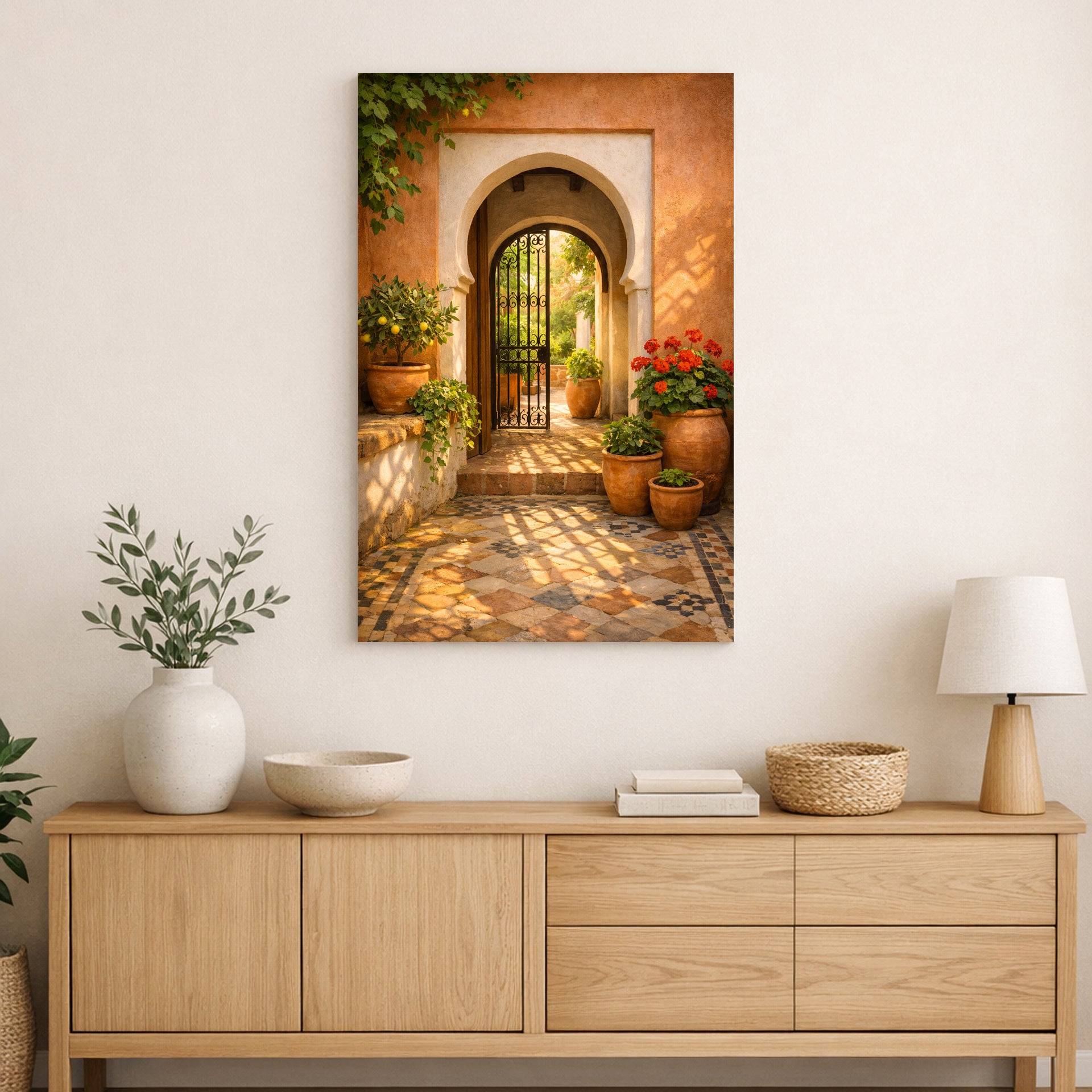 A vertical canvas wall art print depicting a warm Mediterranean-style stone archway entrance with potted plants and tiled flooring, displayed on a white wall above a light wood sideboard with a vase, bowl, books, and lamp.