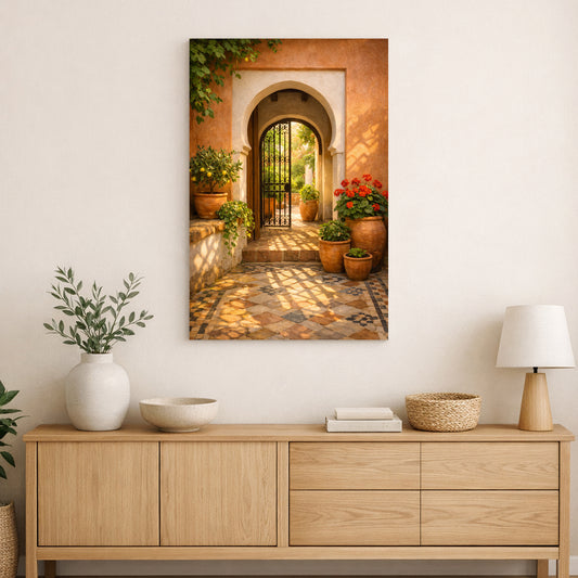 A vertical canvas wall art print depicting a warm Mediterranean-style stone archway entrance with potted plants and tiled flooring, displayed on a white wall above a light wood sideboard with a vase, bowl, books, and lamp.