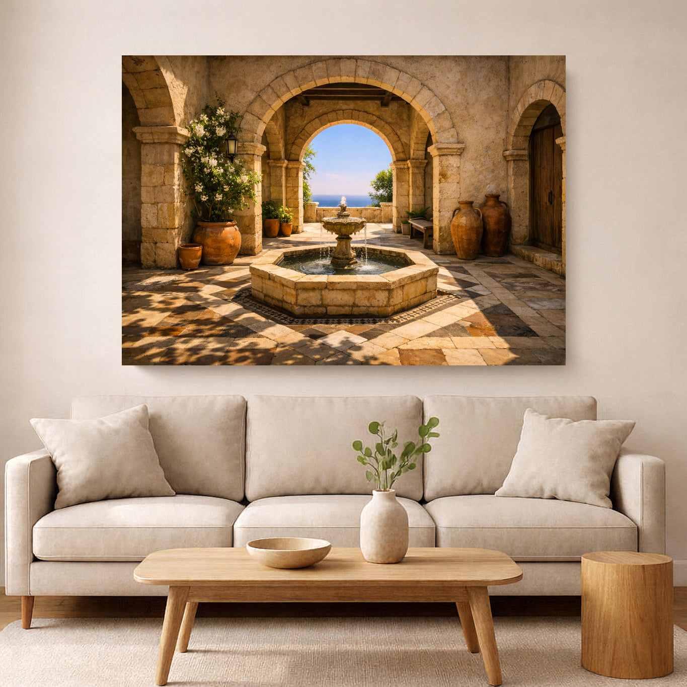 A large rectangular wall art print showing a stone courtyard fountain and archway leading to the sea, displayed above a light beige sofa in a modern living room setting.