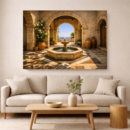 A large rectangular wall art print showing a stone courtyard fountain and archway leading to the sea, displayed above a light beige sofa in a modern living room setting.
