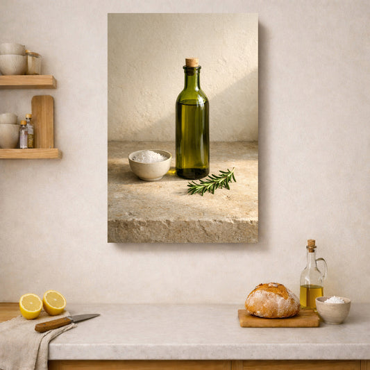 Olive Oil Bottle & Rosemary Still Life Canvas – Rustic Mediterranean Canvas Wall Art