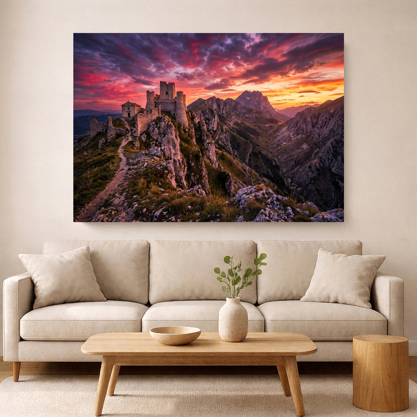 Medieval mountain castle ruins at sunset canvas wall art featuring dramatic red and purple skies, rocky peaks and rugged landscape — Portugal Canvas Co
