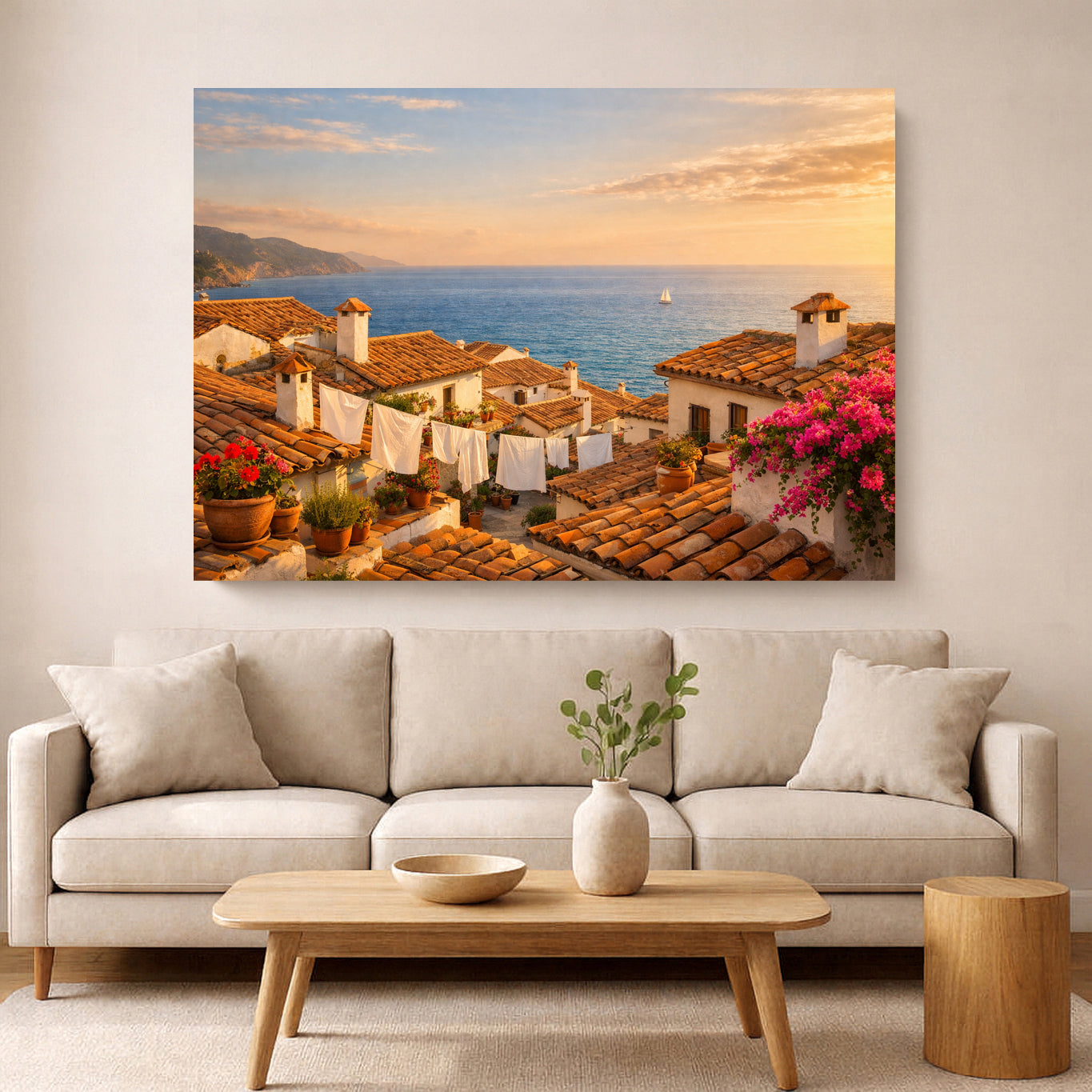 A large rectangular wall art print showing a coastal village with terracotta rooftops, blue sea, and pink flowers, displayed above a light beige sofa in a modern living room.