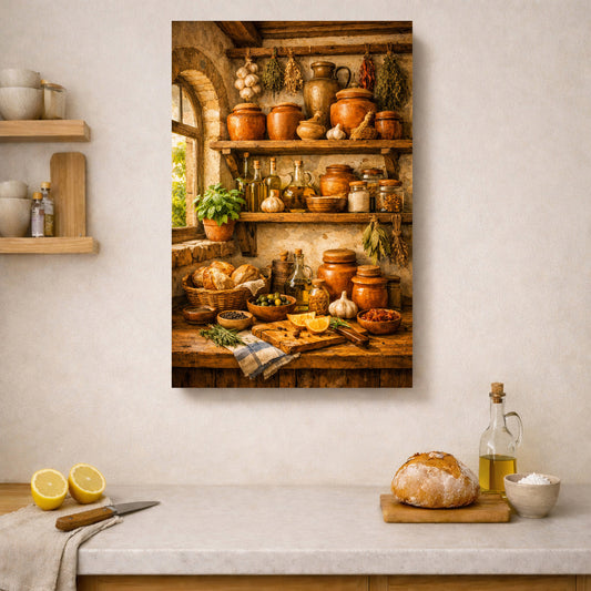 Mediterranean Rustic Kitchen Wall Art | Pantry Still Life Canvas Print | Warm Terracotta Home Decor