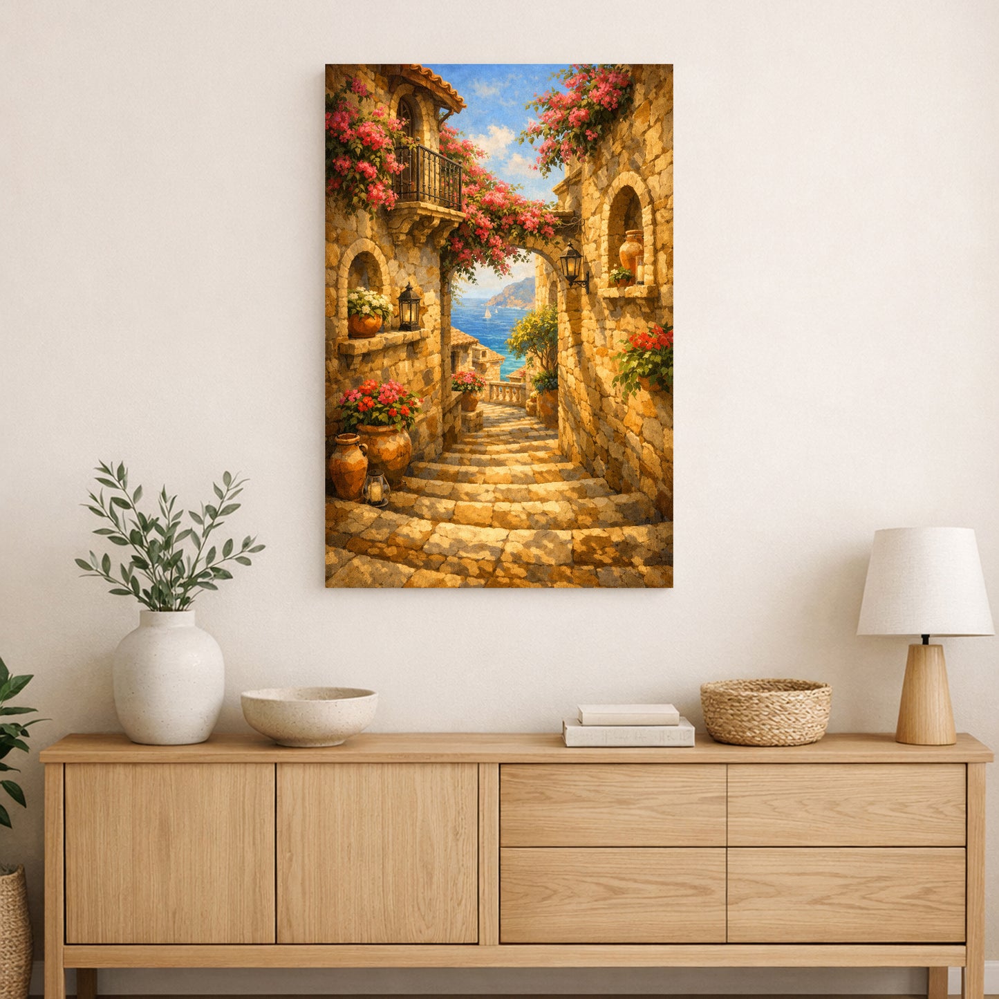 Mediterranean stone alleyway with flowers, steps, lanterns, and sea view on canvas.